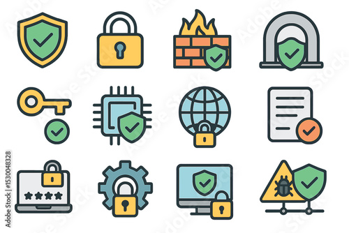 Cybersecurity icons with locks, shields, firewalls, and safe browsing symbols