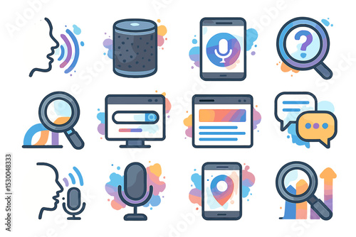 Voice and search technology icons with microphones and magnifying glasses