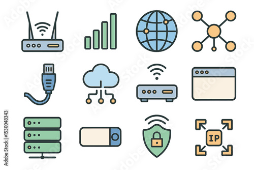 Illustrated icons of internet and network connections in pastel colors