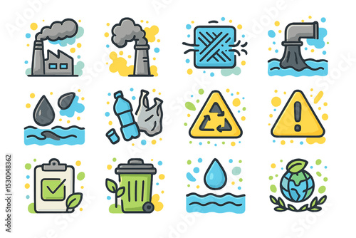 Environment and pollution icons depicting recycling and waste management