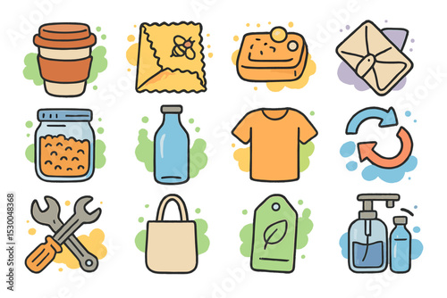 Eco-friendly icons: reusable items for sustainable living and zero waste