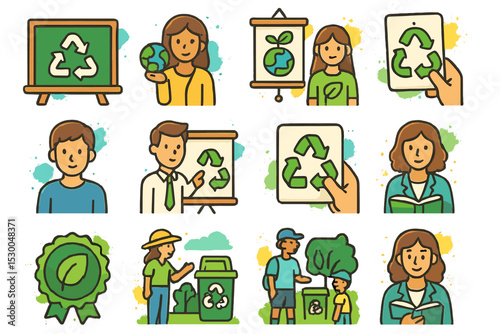 Cartoon characters teaching recycling and sustainability concepts