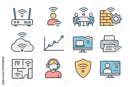 Internet icons set featuring wi-fi, devices, and data security elements