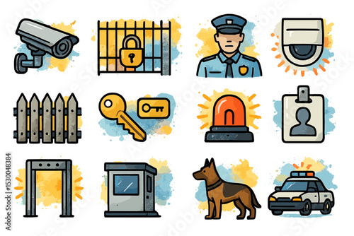 Security icons: surveillance, guard, key, alarm, fence, police, dog, badge