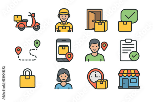 Delivery and logistics icons including male and female couriers with packages