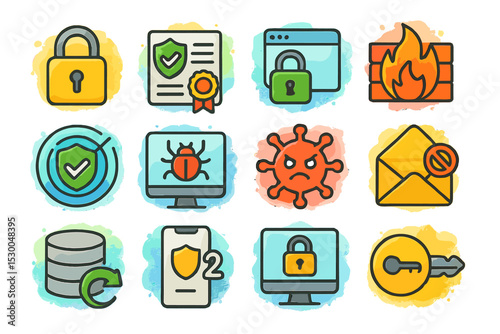 Colorful cybersecurity icons representing security measures and threats