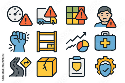 Safety and logistics icons: warnings, efficiency, and risk management