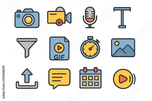Multimedia icons for camera, video, microphone, and more