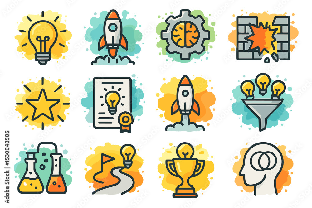 Fototapeta premium Creative innovation icons - light bulb, rocket, brain, trophy, lab flask