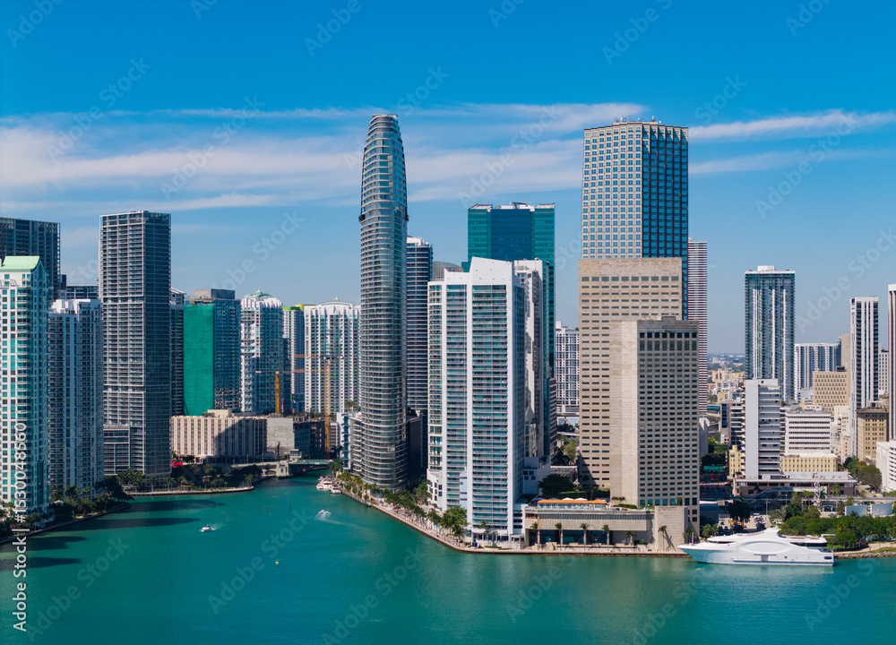 Fototapeta premium Cityscape skyline. Brickell building in Miami downtown. Brickell skyline with skyscraper architecture. City skyline. Panoramic view. Miami from Brickell Key in Florida. Skyscraper in downtown city