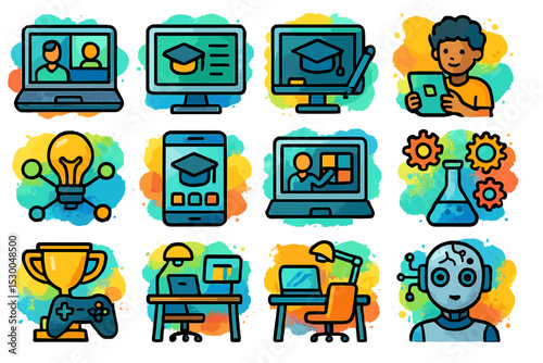 Online learning icons with technology, education, and innovation themes