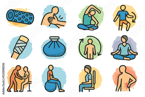 Health exercises and recovery techniques illustrated in colorful icons