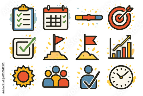 Icon set featuring checklist, calendar, target, graph, clock, social group