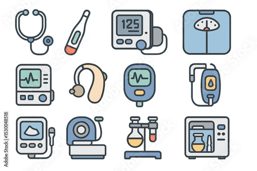 Medical equipment icons featuring stethoscope and thermometer