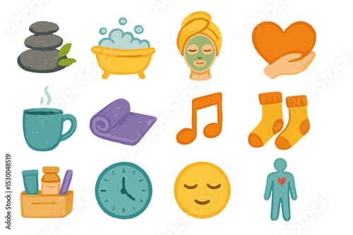 Wellness and relaxation icons featuring self-care and mindfulness elements