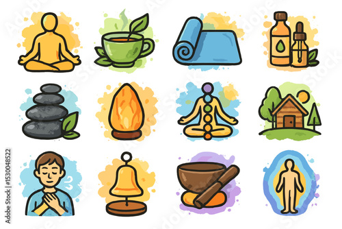 Meditation and wellness icons: yoga, essential oils, and mindfulness symbols