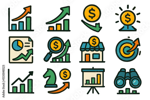 Colorful business growth and finance icons with graphs and dollar signs