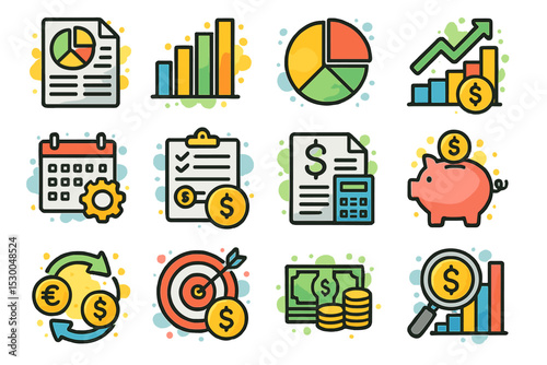 Colorful financial icons including charts, piggy bank, and calculator