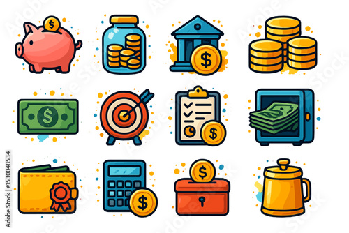 Colorful financial icons collection - save, invest, budget, and organize money