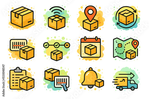 Colorful delivery and shipping icons with packages and tracking symbols