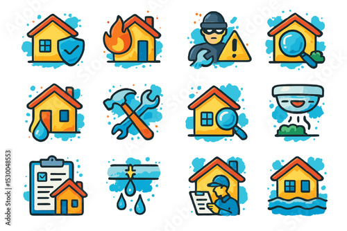 Home maintenance and safety icons highlighting repair and security