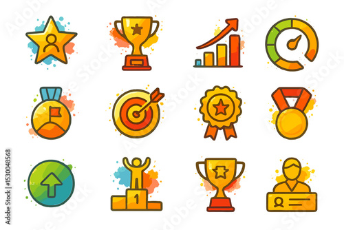 Colorful achievement icons including trophies and performance indicators