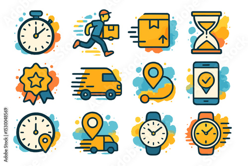 Fast delivery icons with clocks, packages, and location symbols
