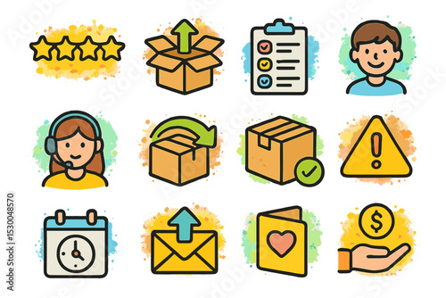 Colorful business and customer service icons with faces and symbols