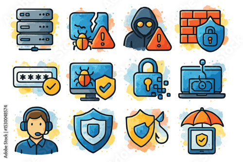 Cybersecurity icons illustrating threats and protection measures