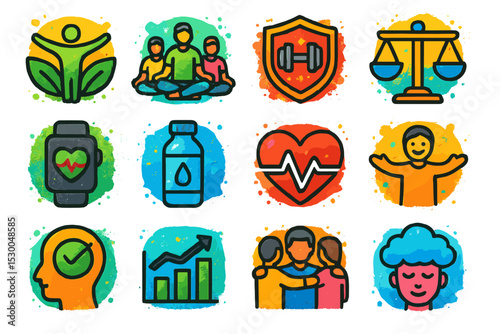 Colorful icons representing health, fitness, and wellness themes