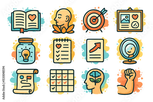 Colorful icons representing personal growth and goal setting concepts
