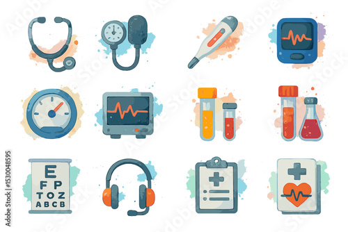 Watercolor medical icons: stethoscope, thermometer, blood pressure, heartbeat