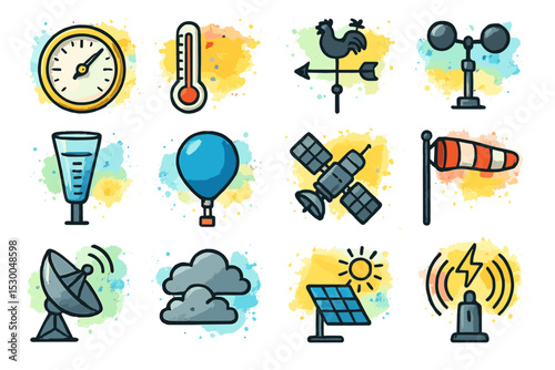 Weather instruments and symbols illustration with colorful background