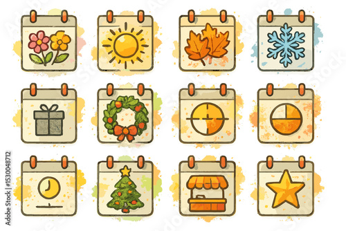 Colorful seasonal calendar icons with holidays and symbols