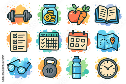 Colorful fitness and organization icons with weights and healthy foods