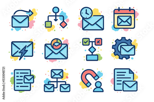 Colorful email and workflow icons against gradient background