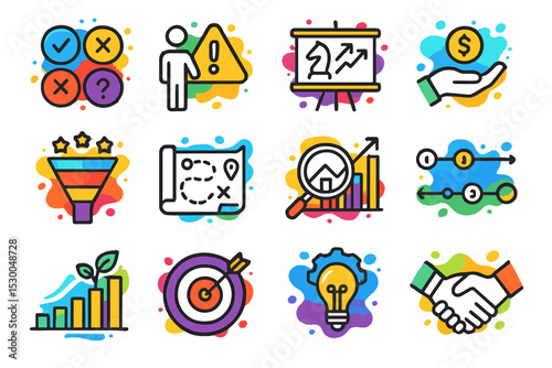Colorful business icons set with graphs, charts, and symbols for strategy and growth