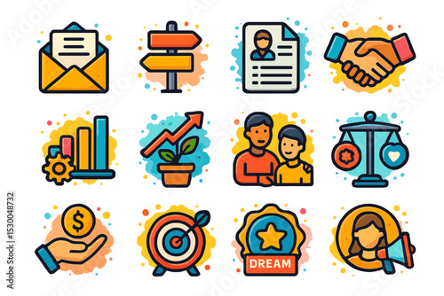 Colorful business and communication icons on vibrant background