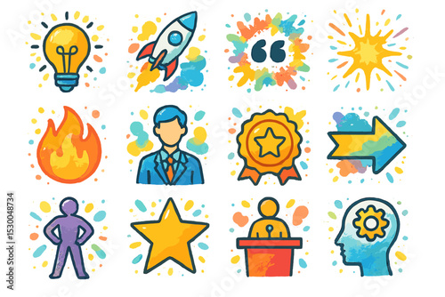Colorful leadership and innovation icons with light bulb and rocket