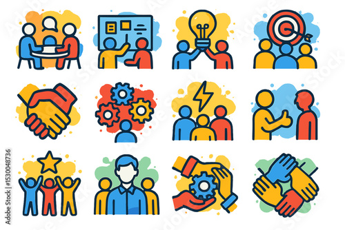 Teamwork and collaboration icons featuring diverse group interactions
