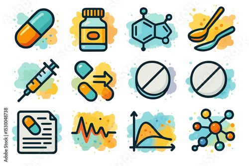 Colorful medicine icons including pills, syringe, molecule, and chart illustrations