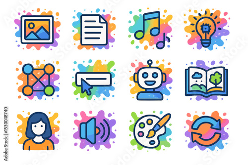 Colorful icons of media, technology, and creativity on vibrant gradient background