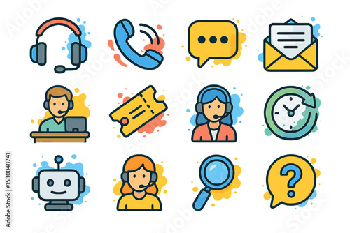 Colorful customer service icons - communication, support, technology, contact tools