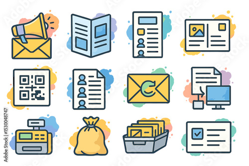 Colorful set of marketing and communication icons with digital elements