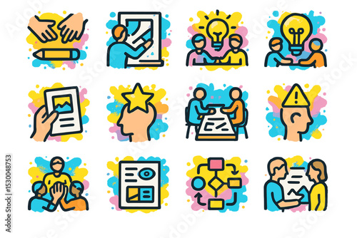 Creative collaboration and ideation icons with teamwork and innovation concepts