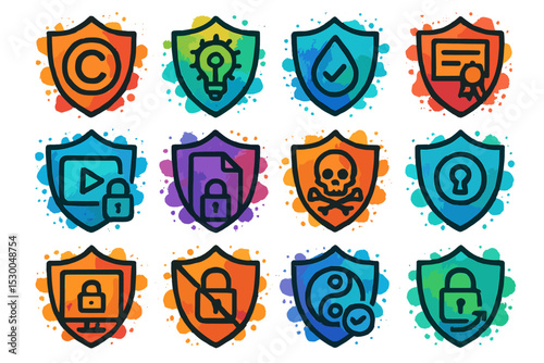Colorful cybersecurity shield icons representing digital protection and privacy