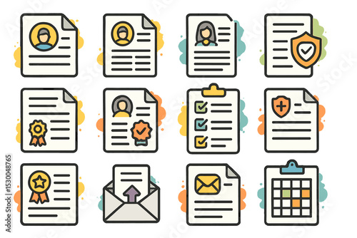 Document and profile icons with avatar badges and calendar graphics