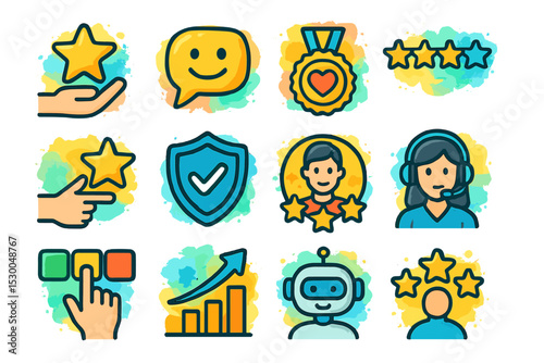 Colorful icon set: ratings, awards, customer support, growth, robotics