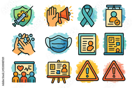 Health and safety icons: mask, vaccine, hygiene, alert, id, awareness