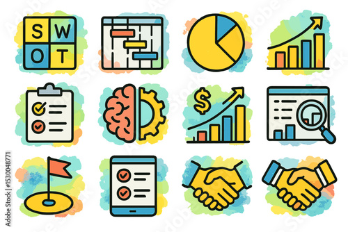 Colorful business icons for strategy and analysis tools on green background